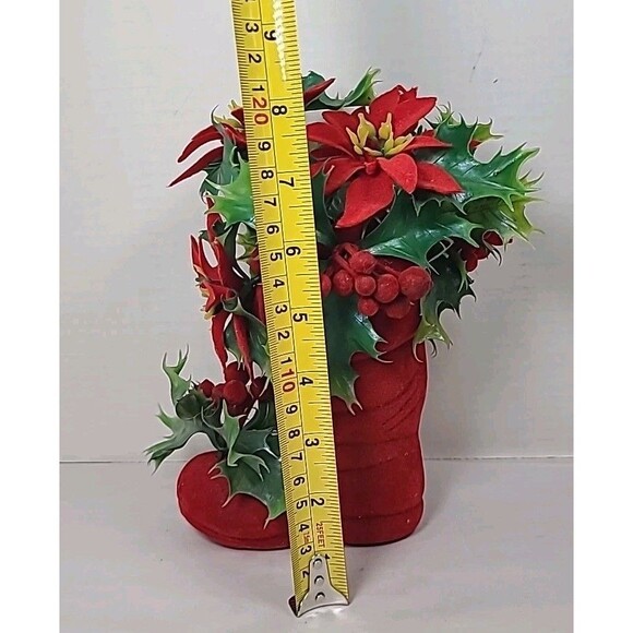 Vintage 8.5" Red Flocked Boot With Poinsettias - Picture 7 of 7